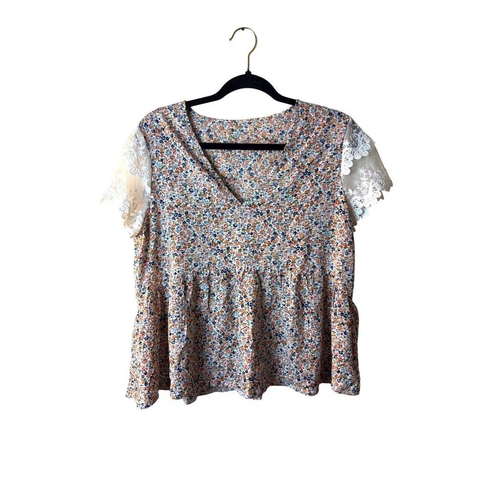 Womens M Peplum Blouse Top Floral Lace Artsy‎ Cottagecore Soft Spring Summer